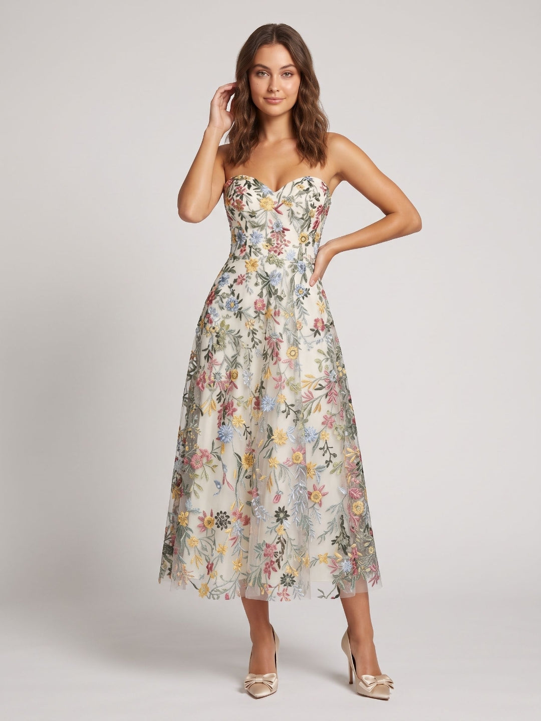 Mauve Floral Tulle A-Line Sweetheart Zipper Back Midi Dress