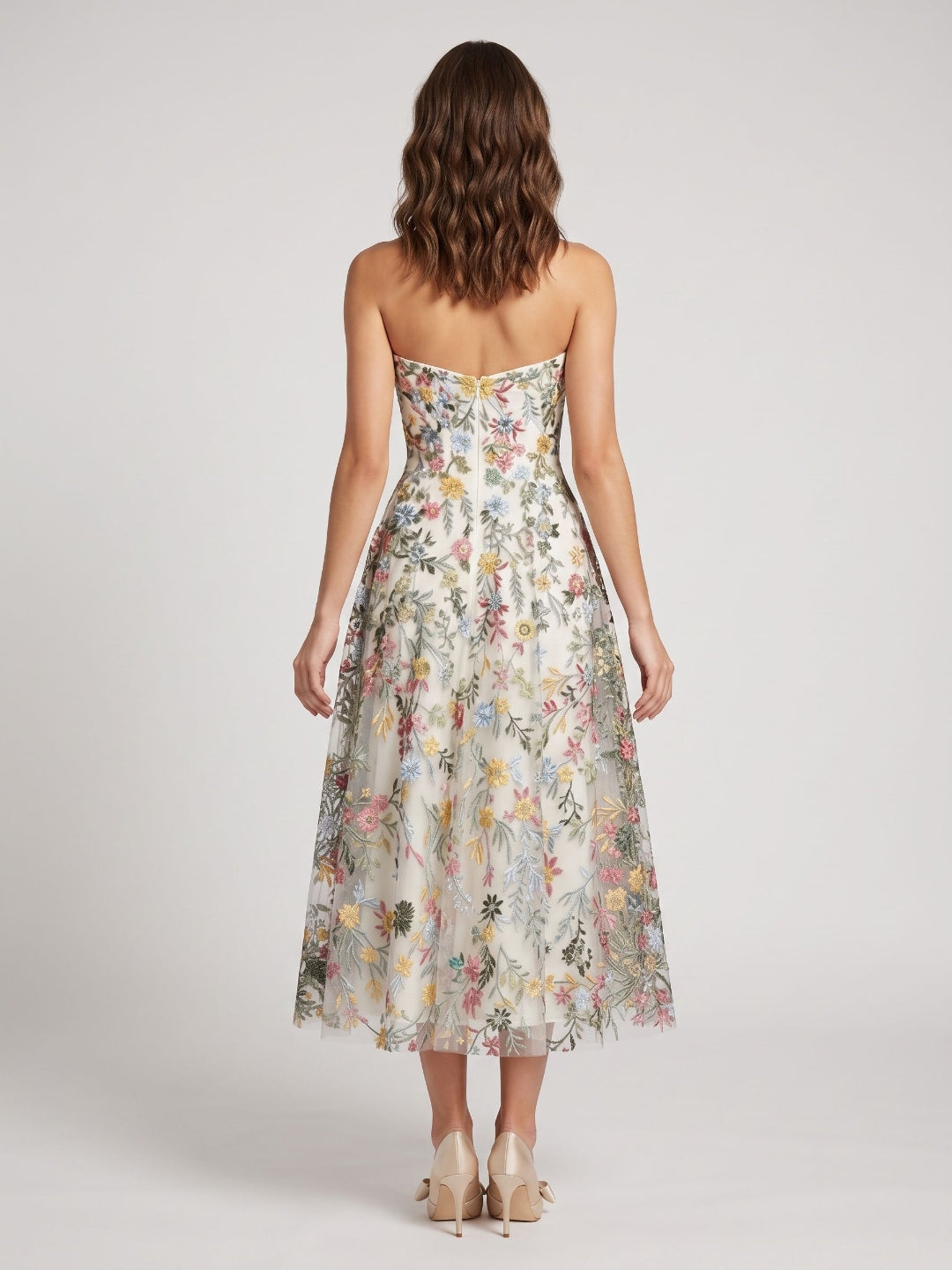 Mauve Floral Tulle A-Line Sweetheart Zipper Back Midi Dress