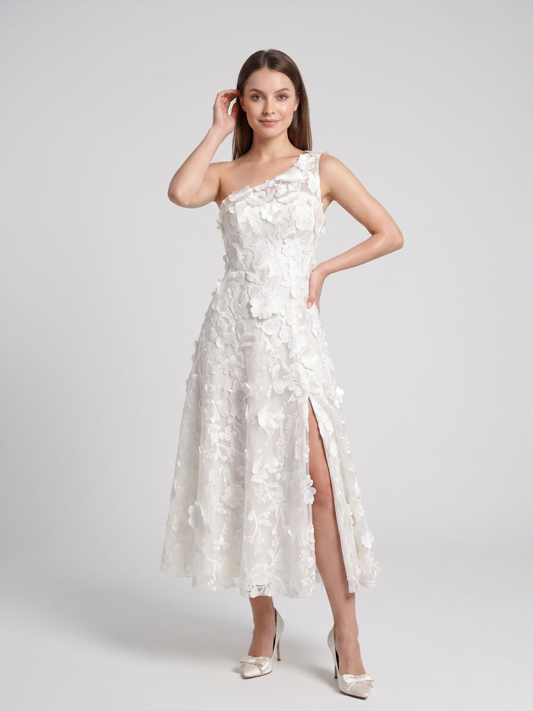Sky Blue with Pastel Flowers Mesh Tulle A-Line One Shoulder Midi Dress