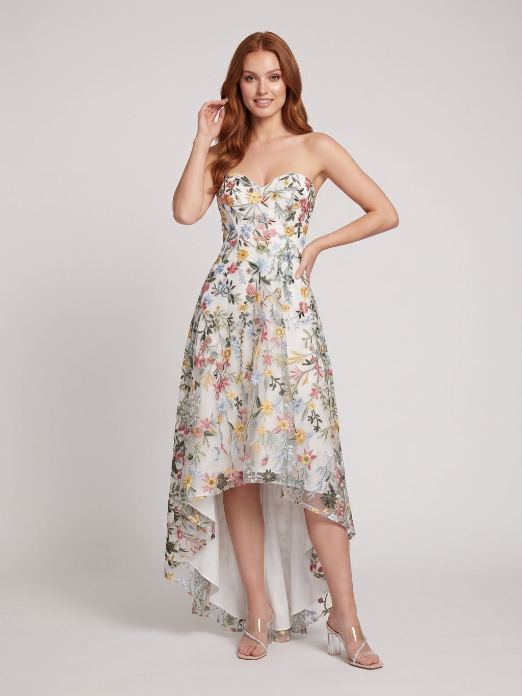 Mauve Embroidered Mesh A-Line Sweetheart Zipper Back High-Low Dress