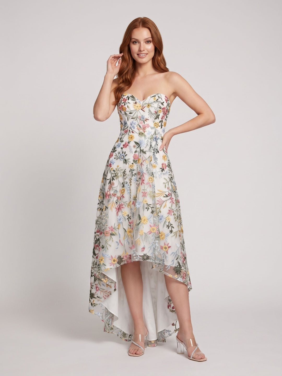 Mauve Embroidered Mesh A-Line Sweetheart Zipper Back High-Low Dress