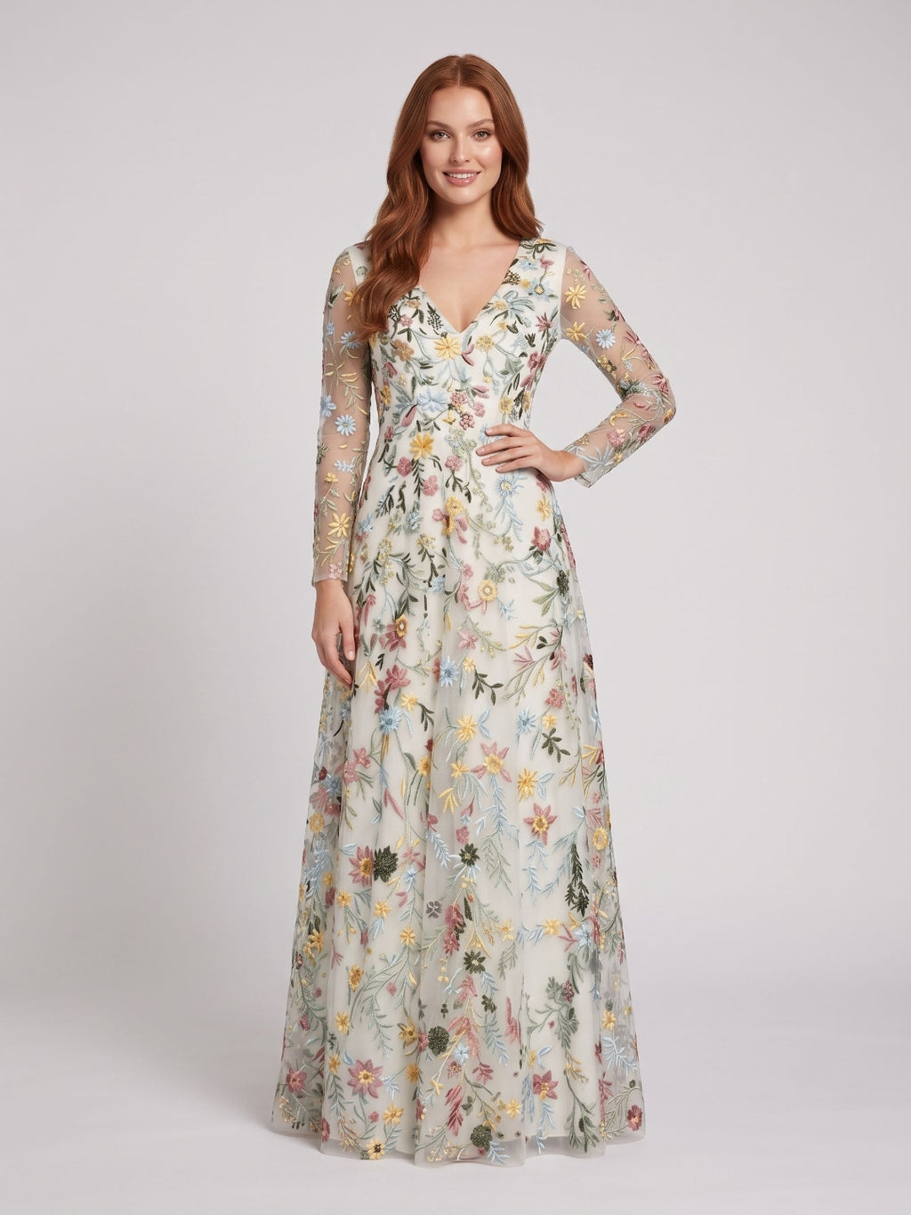 Mauve Mesh with Floral Embroidery A-Line V-Neck Zipper Back Floor Length Dress