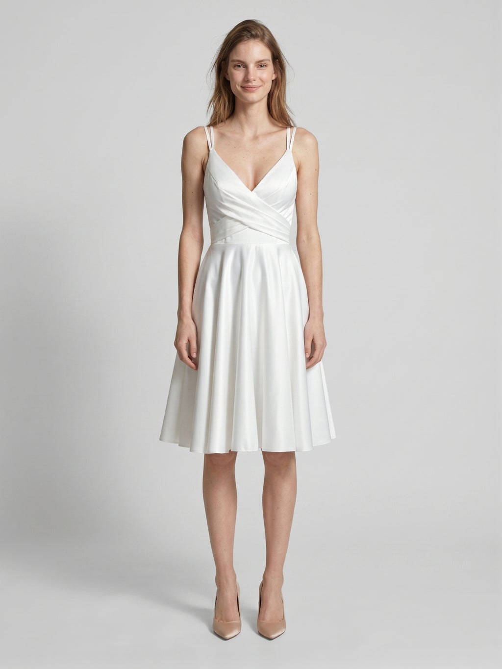 White satin A-Line V-Neck Back Zip Knee-Length Pleated Bridesmaid Dress
