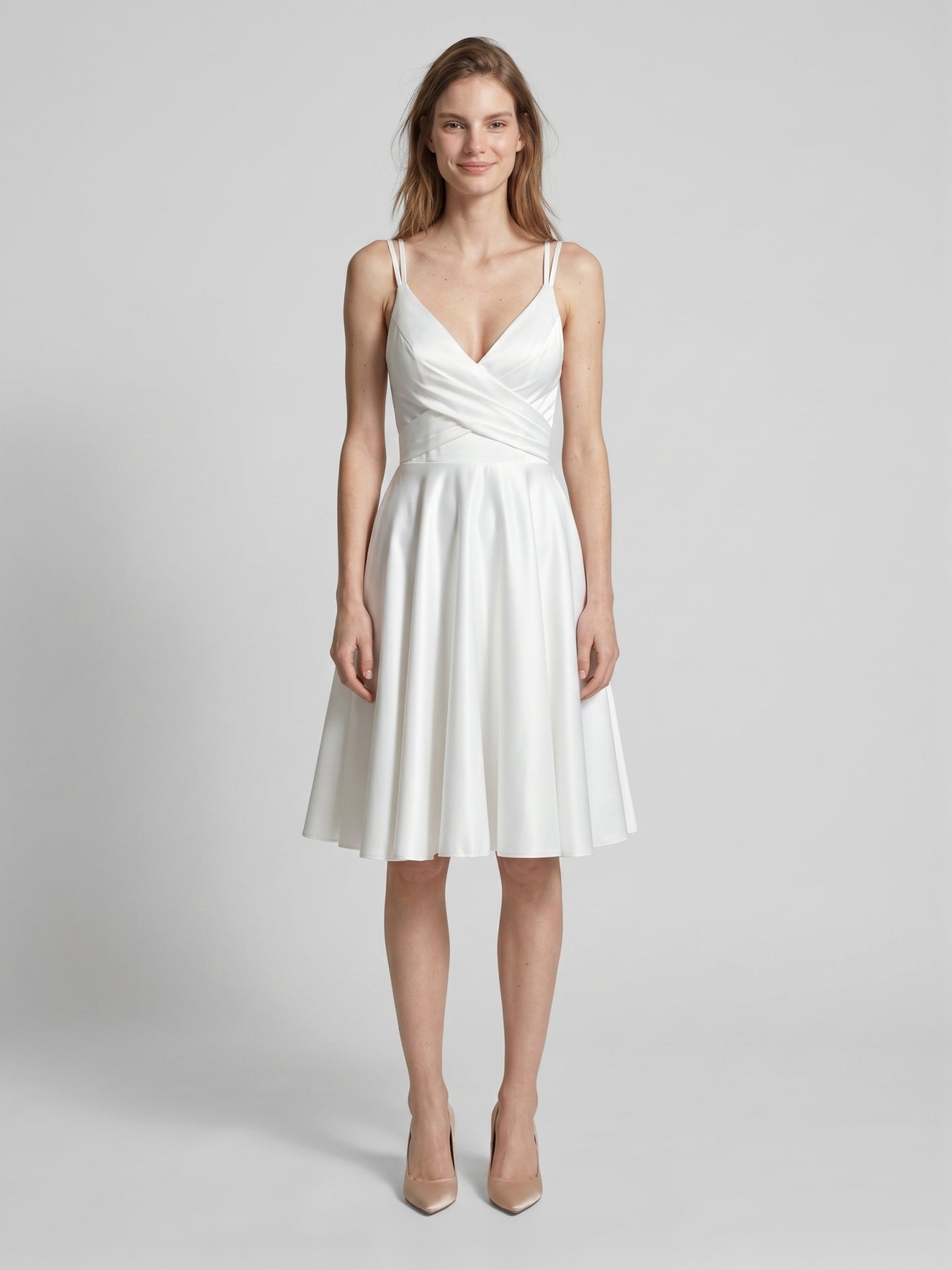 White satin A-Line V-Neck Back Zip Knee-Length Pleated Bridesmaid Dress