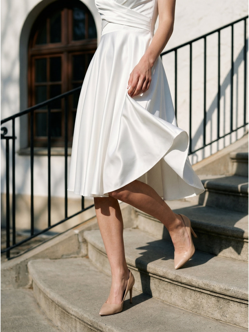 White satin A-Line V-Neck Back Zip Knee-Length Pleated Bridesmaid Dress