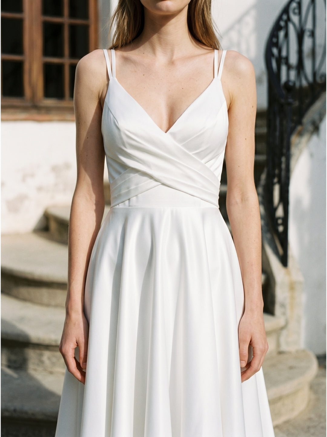 White satin A-Line V-Neck Back Zip Knee-Length Pleated Bridesmaid Dress