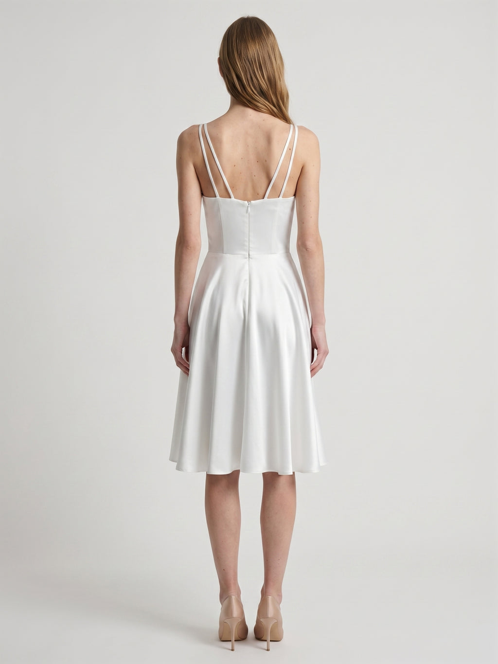 White satin A-Line V-Neck Back Zip Knee-Length Pleated Bridesmaid Dress