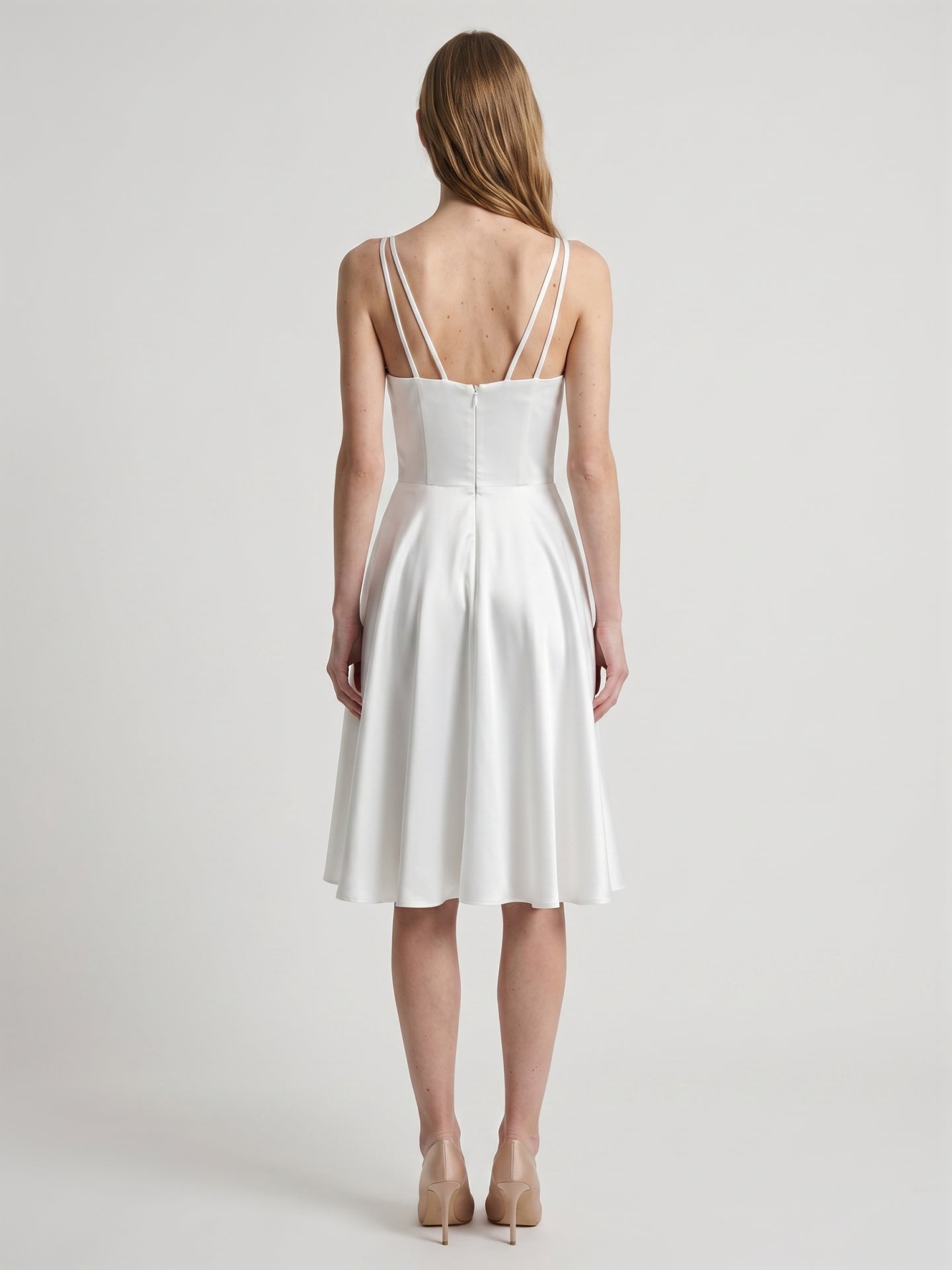White satin A-Line V-Neck Back Zip Knee-Length Pleated Bridesmaid Dress