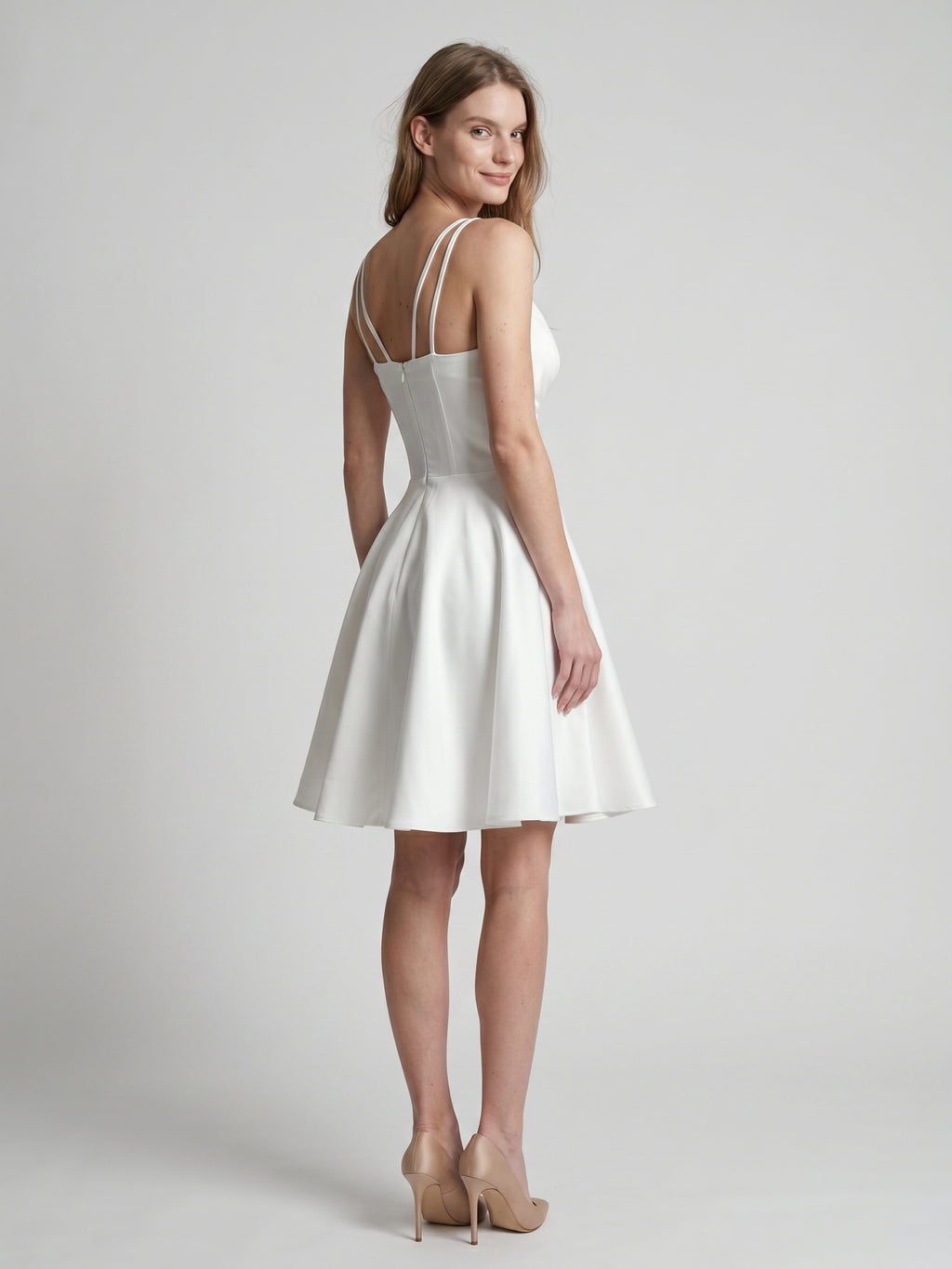 White satin A-Line V-Neck Back Zip Knee-Length Pleated Bridesmaid Dress