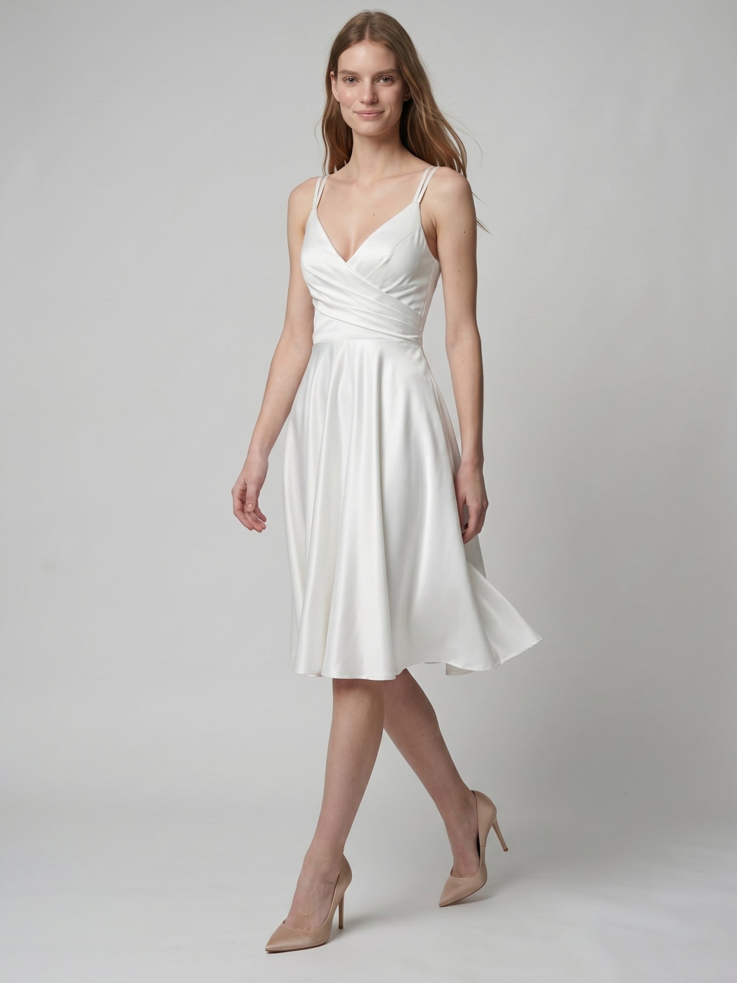 White satin A-Line V-Neck Back Zip Knee-Length Pleated Bridesmaid Dress
