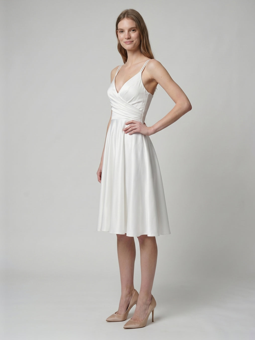 White satin A-Line V-Neck Back Zip Knee-Length Pleated Bridesmaid Dress