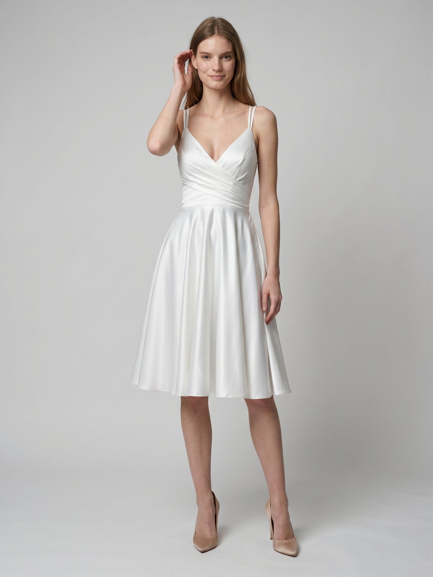 White satin A-Line V-Neck Back Zip Knee-Length Pleated Bridesmaid Dress