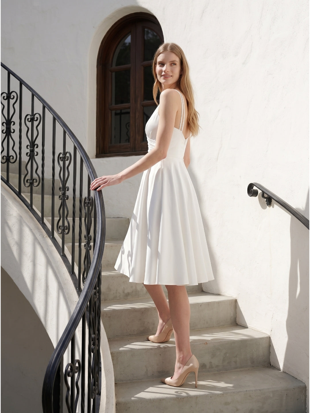 White satin A-Line V-Neck Back Zip Knee-Length Pleated Bridesmaid Dress