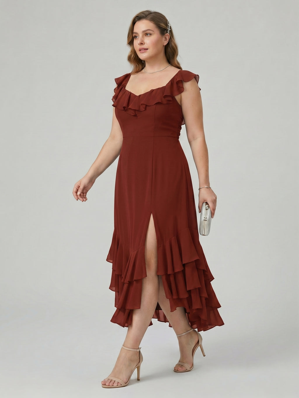 Boho Wine Chiffon A-Line V-Neck Backless Asymmetrical Plus Size Length Bridesmaid Dress with Cascading Ruffles