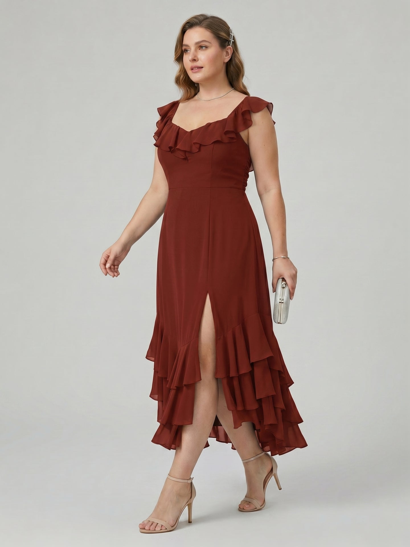 Boho Wine Chiffon A-Line V-Neck Backless Asymmetrical Plus Size Length Bridesmaid Dress with Cascading Ruffles
