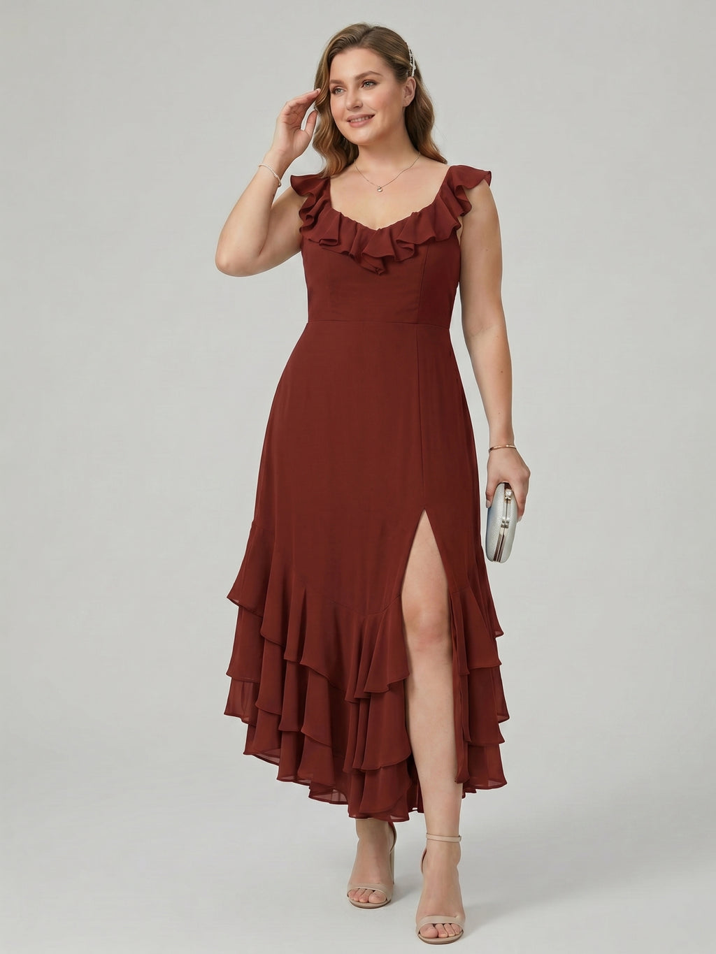 Boho Wine Chiffon A-Line V-Neck Backless Asymmetrical Plus Size Length Bridesmaid Dress with Cascading Ruffles