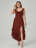Boho Wine Chiffon A-Line V-Neck Backless Asymmetrical Plus Size Length Bridesmaid Dress with Cascading Ruffles