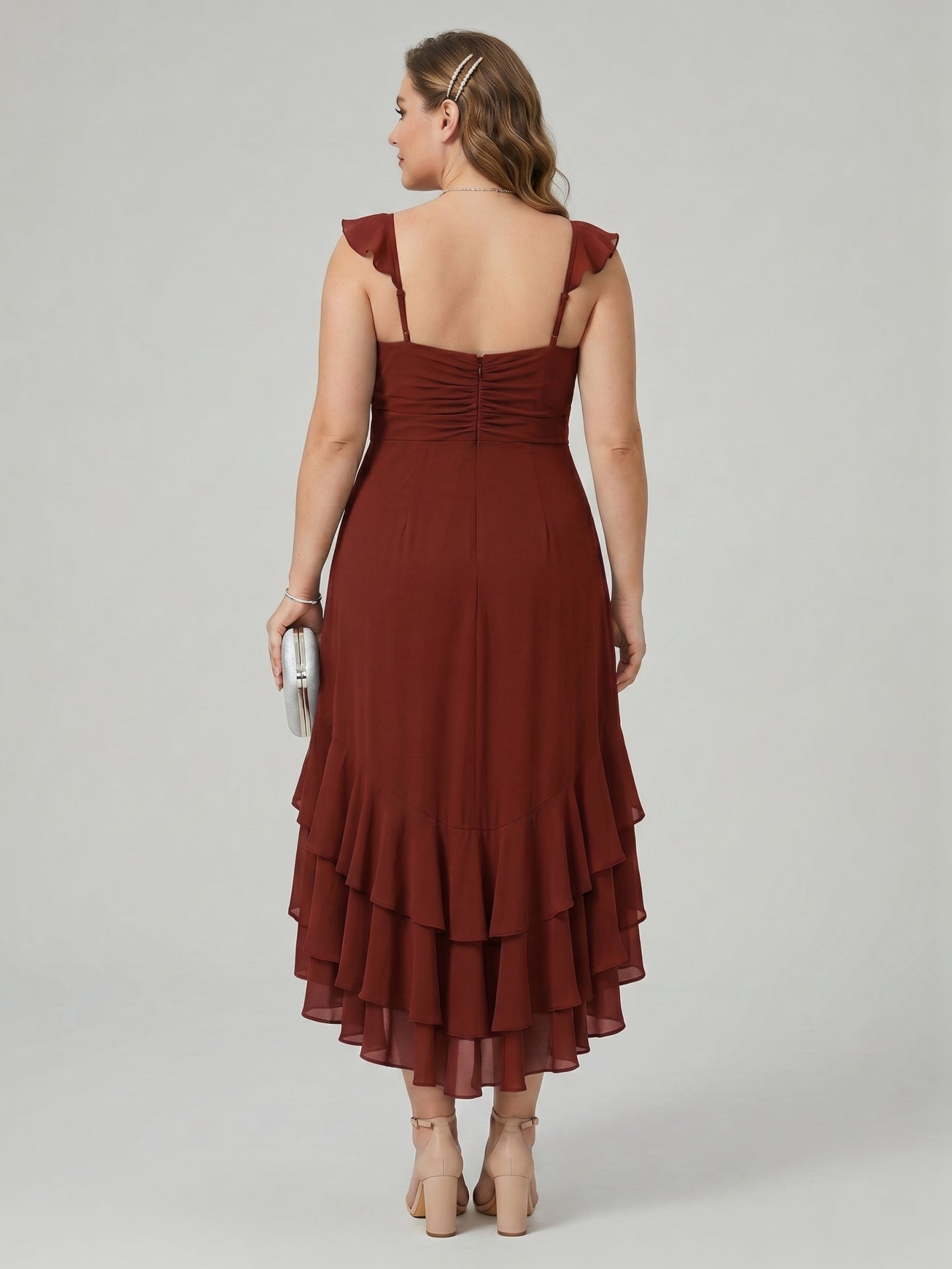 Boho Wine Chiffon A-Line V-Neck Backless Asymmetrical Plus Size Length Bridesmaid Dress with Cascading Ruffles