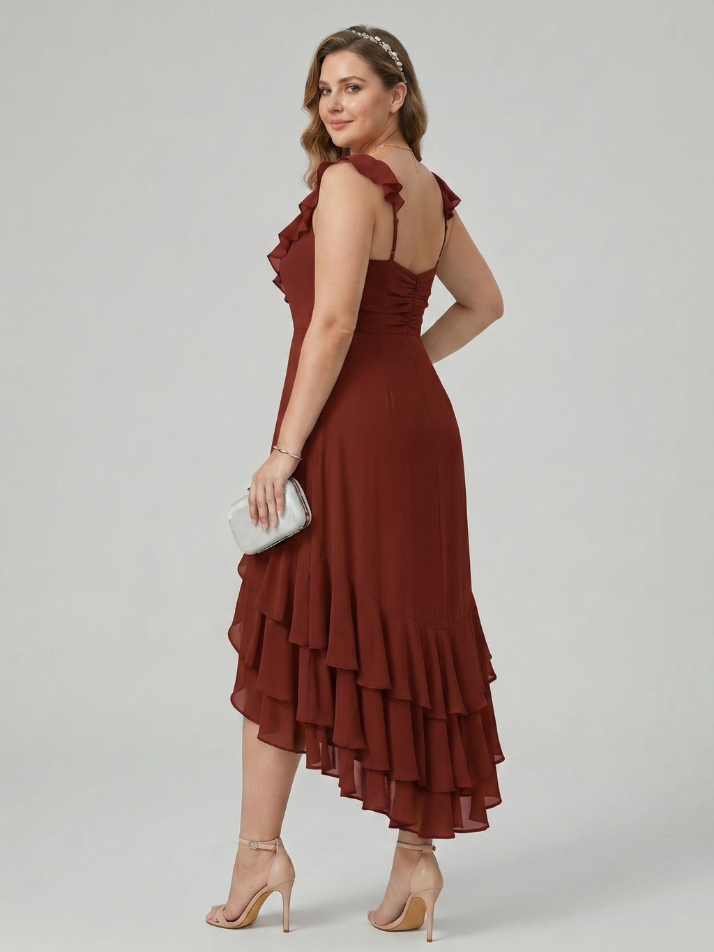 Boho Wine Chiffon A-Line V-Neck Backless Asymmetrical Plus Size Length Bridesmaid Dress with Cascading Ruffles