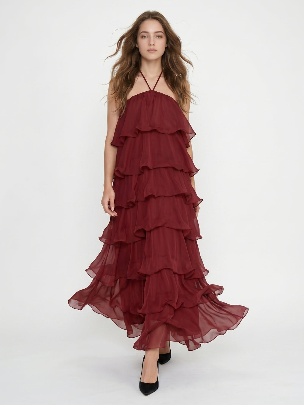 Wine Chiffon A-Line Halter Backless Ankle-Length Bridesmaid Dress with Cascading Ruffles
