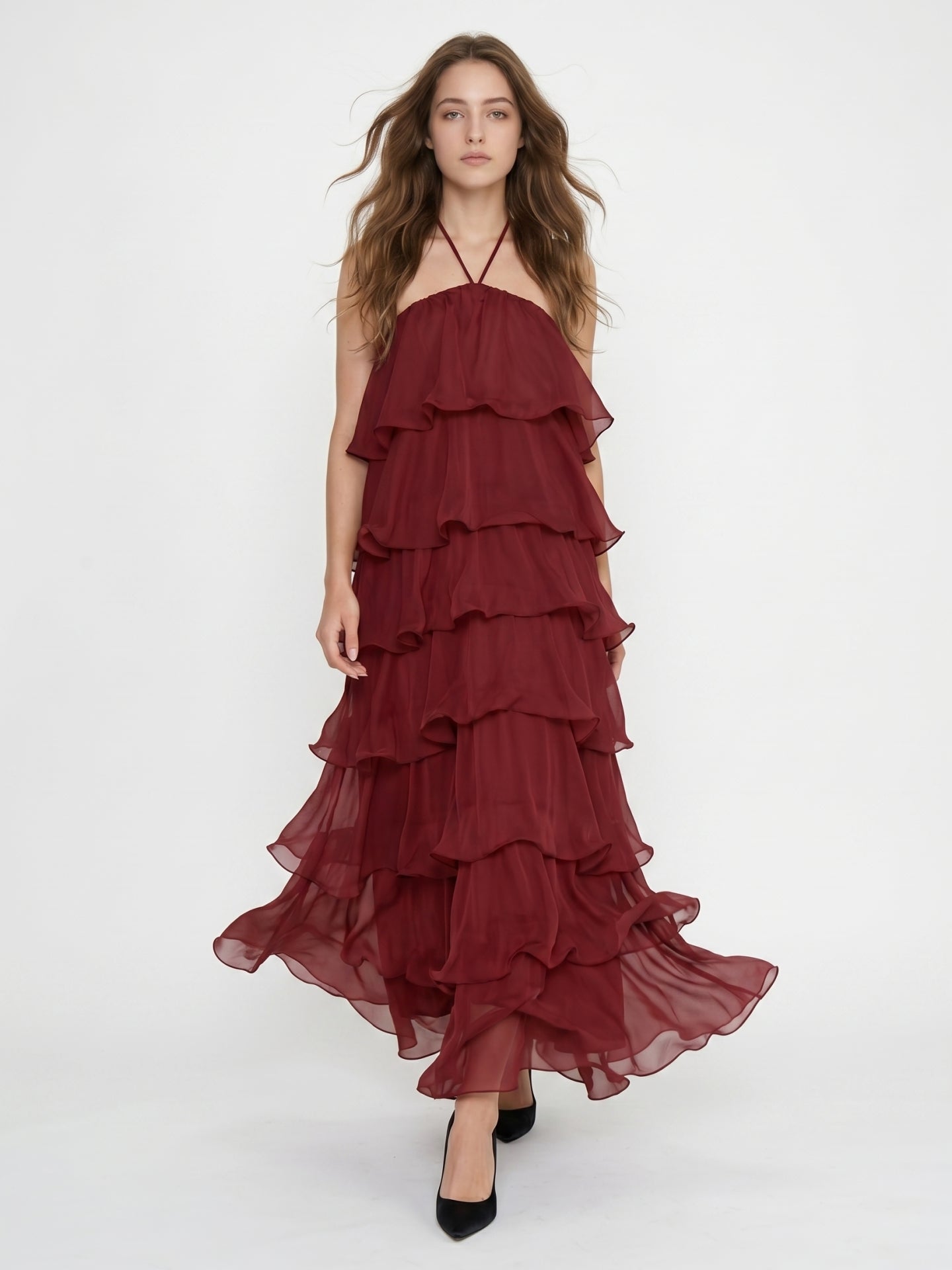 Wine Chiffon A-Line Halter Backless Ankle-Length Bridesmaid Dress with Cascading Ruffles