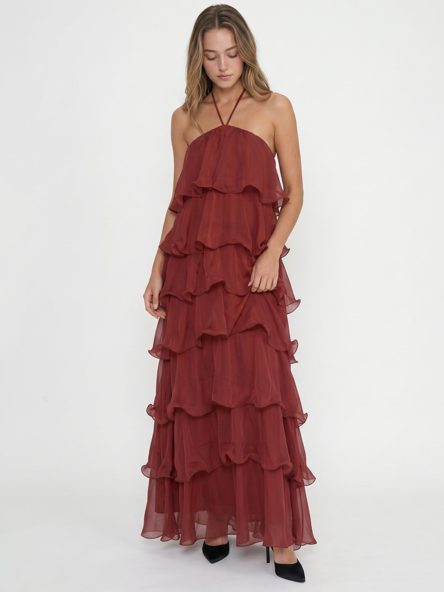Wine Chiffon A-Line Halter Backless Ankle-Length Bridesmaid Dress with Cascading Ruffles
