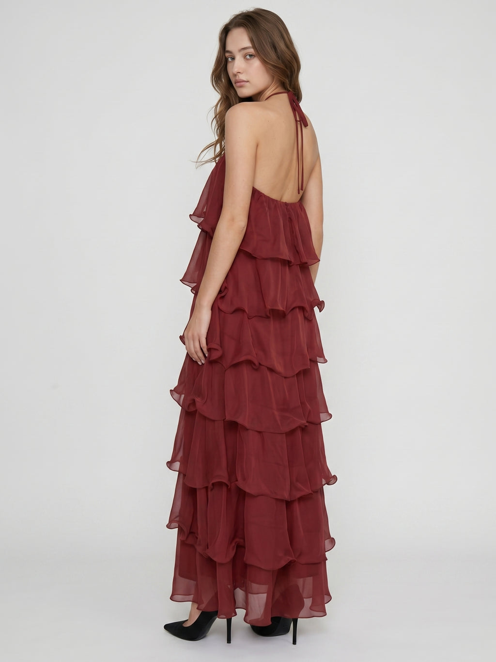 Wine Chiffon A-Line Halter Backless Ankle-Length Bridesmaid Dress with Cascading Ruffles