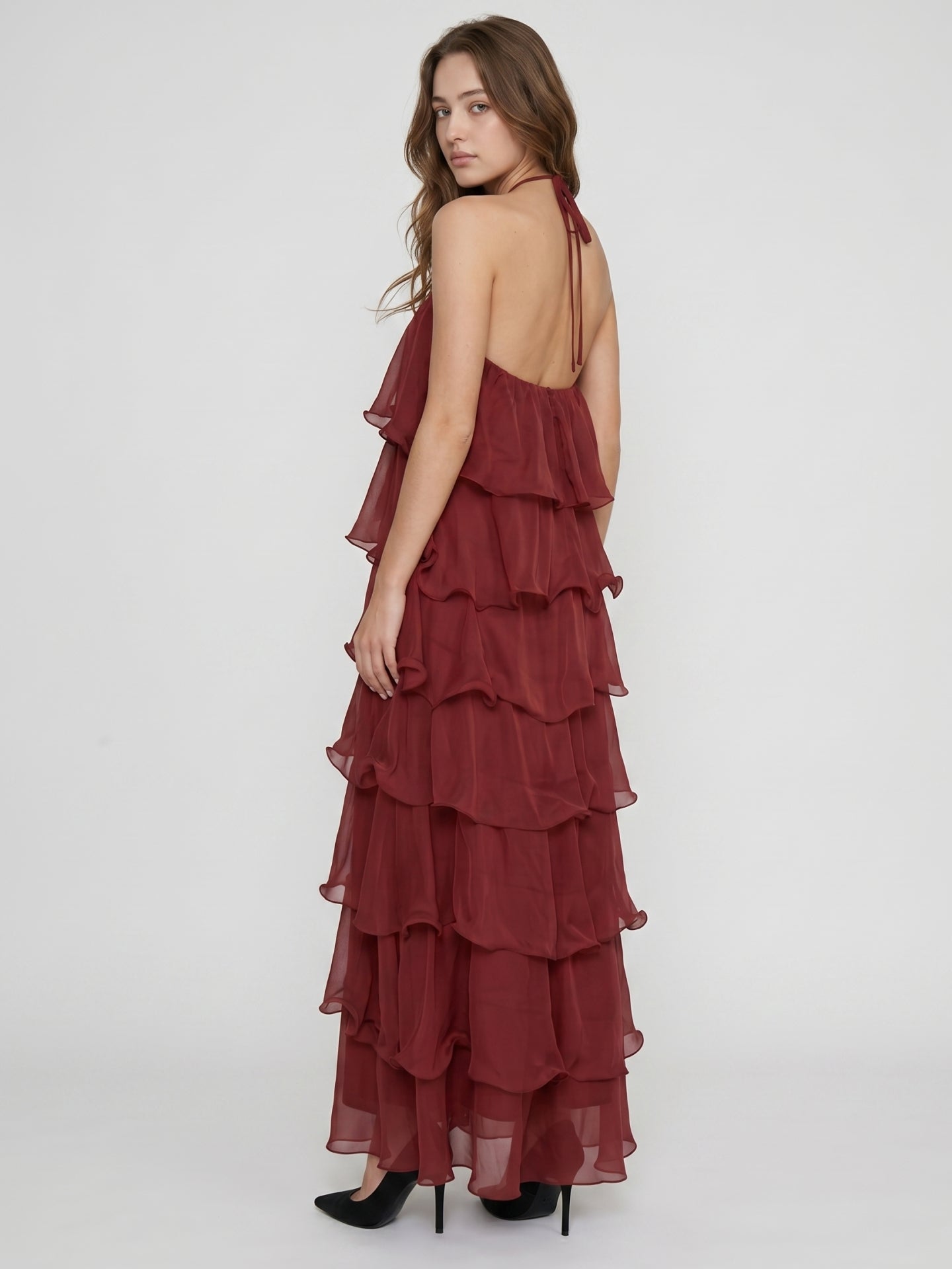 Wine Chiffon A-Line Halter Backless Ankle-Length Bridesmaid Dress with Cascading Ruffles