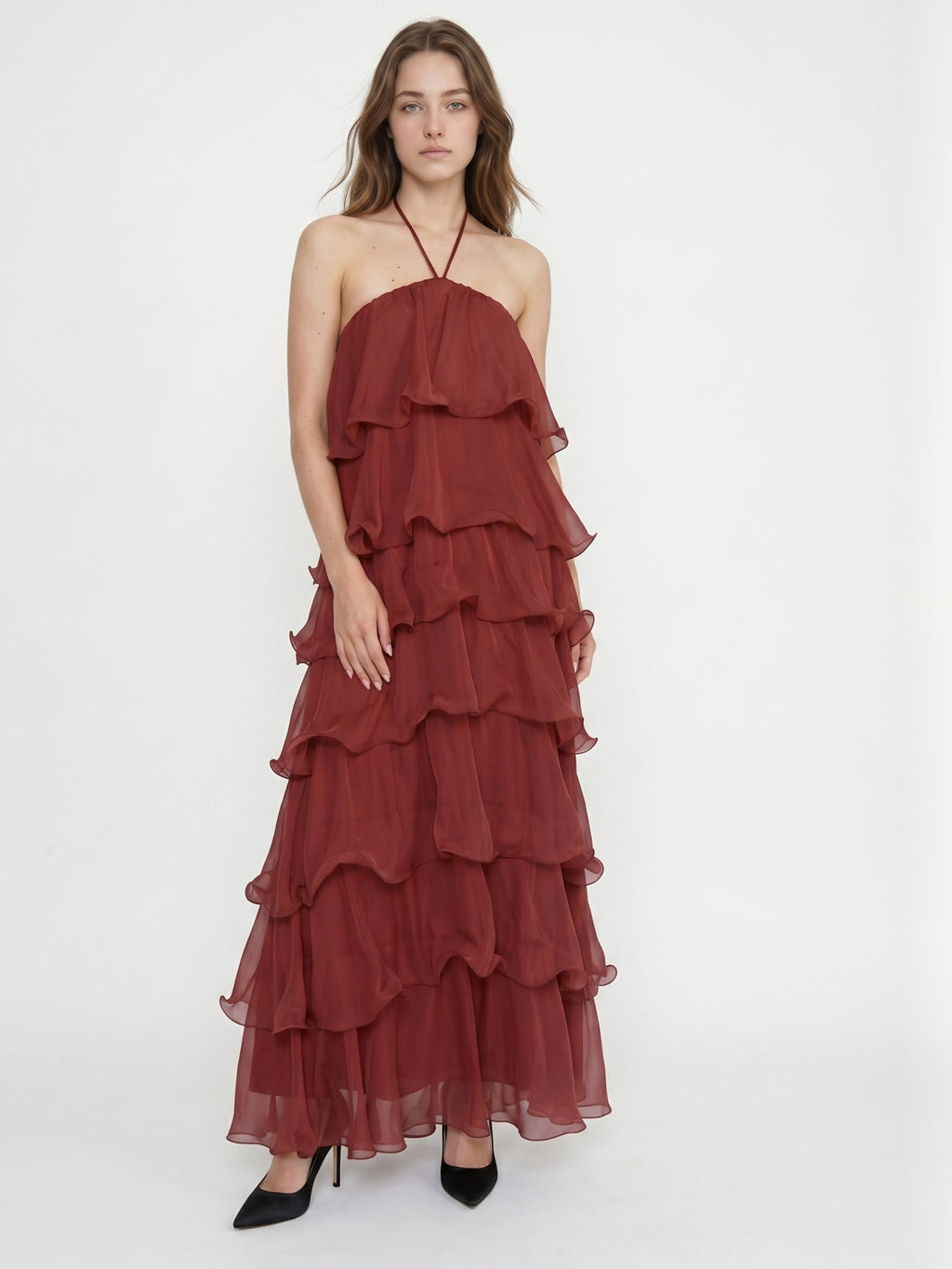 Wine Chiffon A-Line Halter Backless Ankle-Length Bridesmaid Dress with Cascading Ruffles
