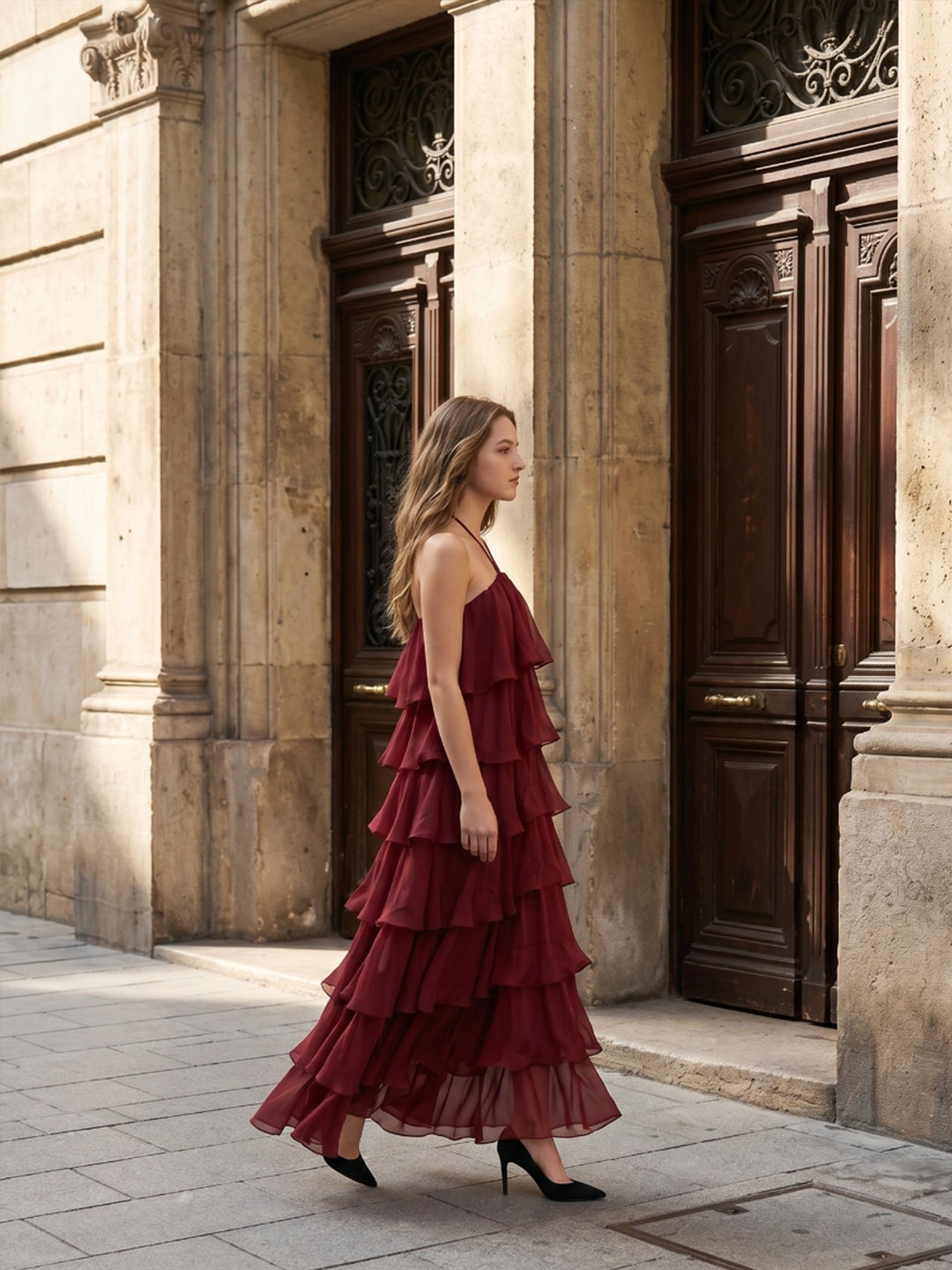 Wine Chiffon A-Line Halter Backless Ankle-Length Bridesmaid Dress with Cascading Ruffles