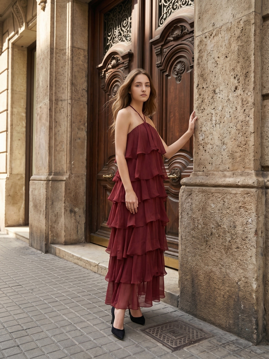 Wine Chiffon A-Line Halter Backless Ankle-Length Bridesmaid Dress with Cascading Ruffles
