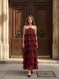 Wine Chiffon A-Line Halter Backless Ankle-Length Bridesmaid Dress with Cascading Ruffles