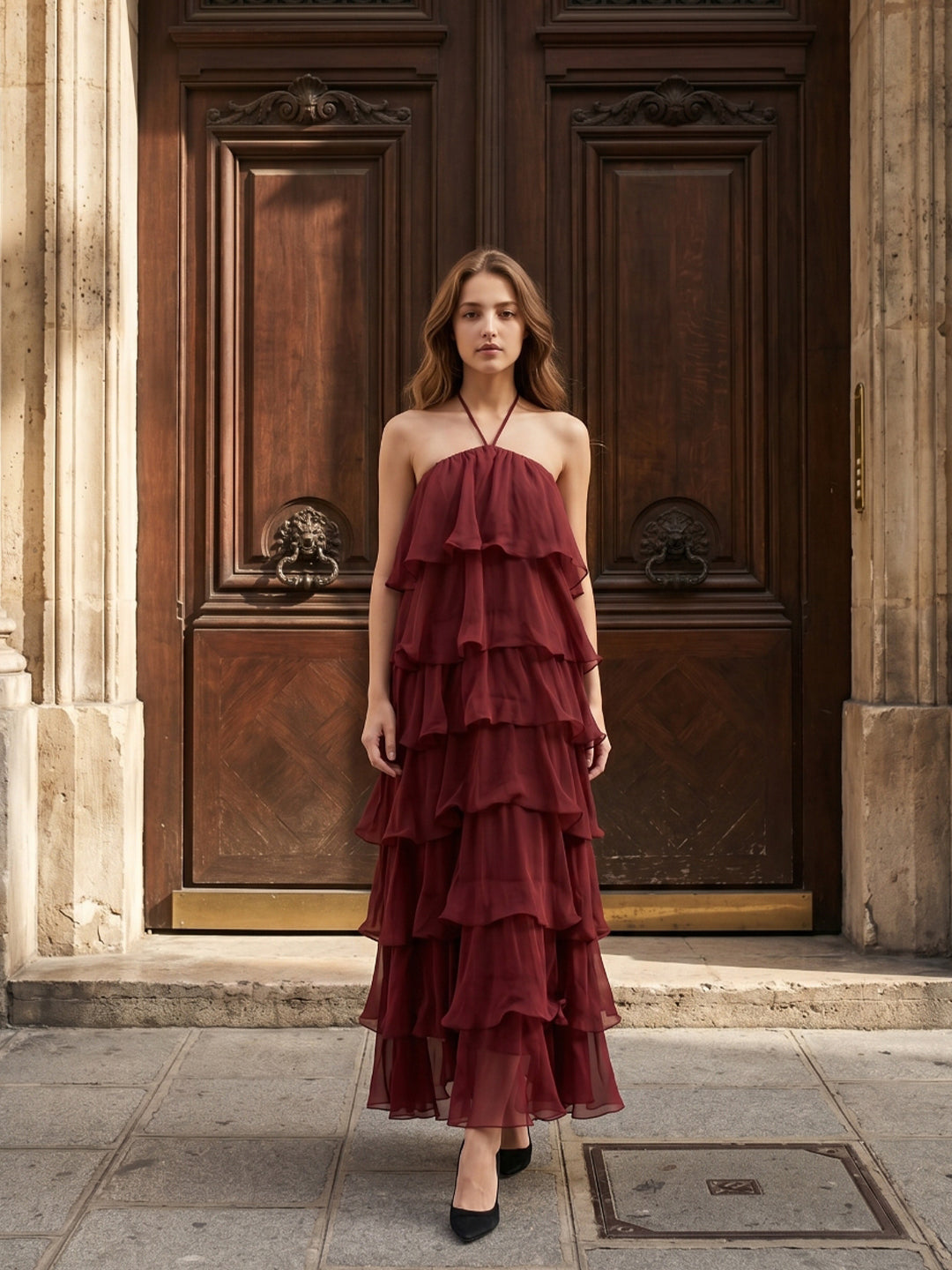 Wine Chiffon A-Line Halter Backless Ankle-Length Bridesmaid Dress with Cascading Ruffles