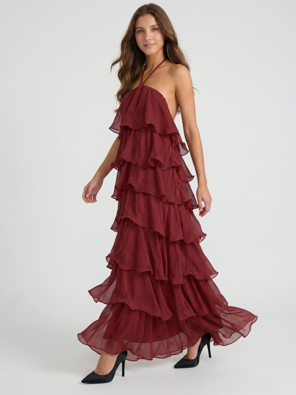 Wine Chiffon A-Line Halter Lace-up Ankle-Length Bridesmaid Dress with Cascading Ruffles