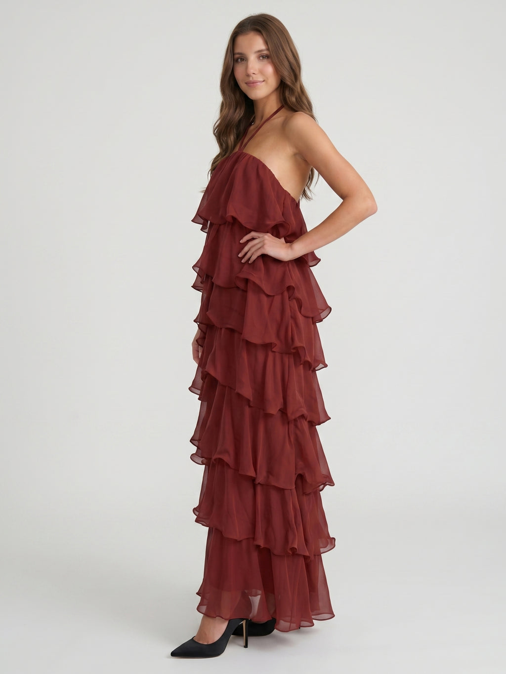 Wine Chiffon A-Line Halter Lace-up Ankle-Length Bridesmaid Dress with Cascading Ruffles