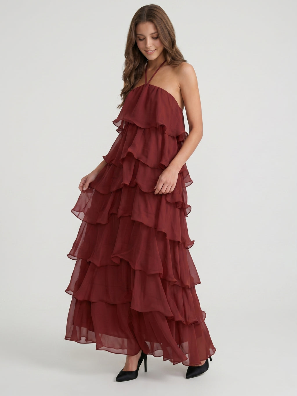 Wine Chiffon A-Line Halter Lace-up Ankle-Length Bridesmaid Dress with Cascading Ruffles