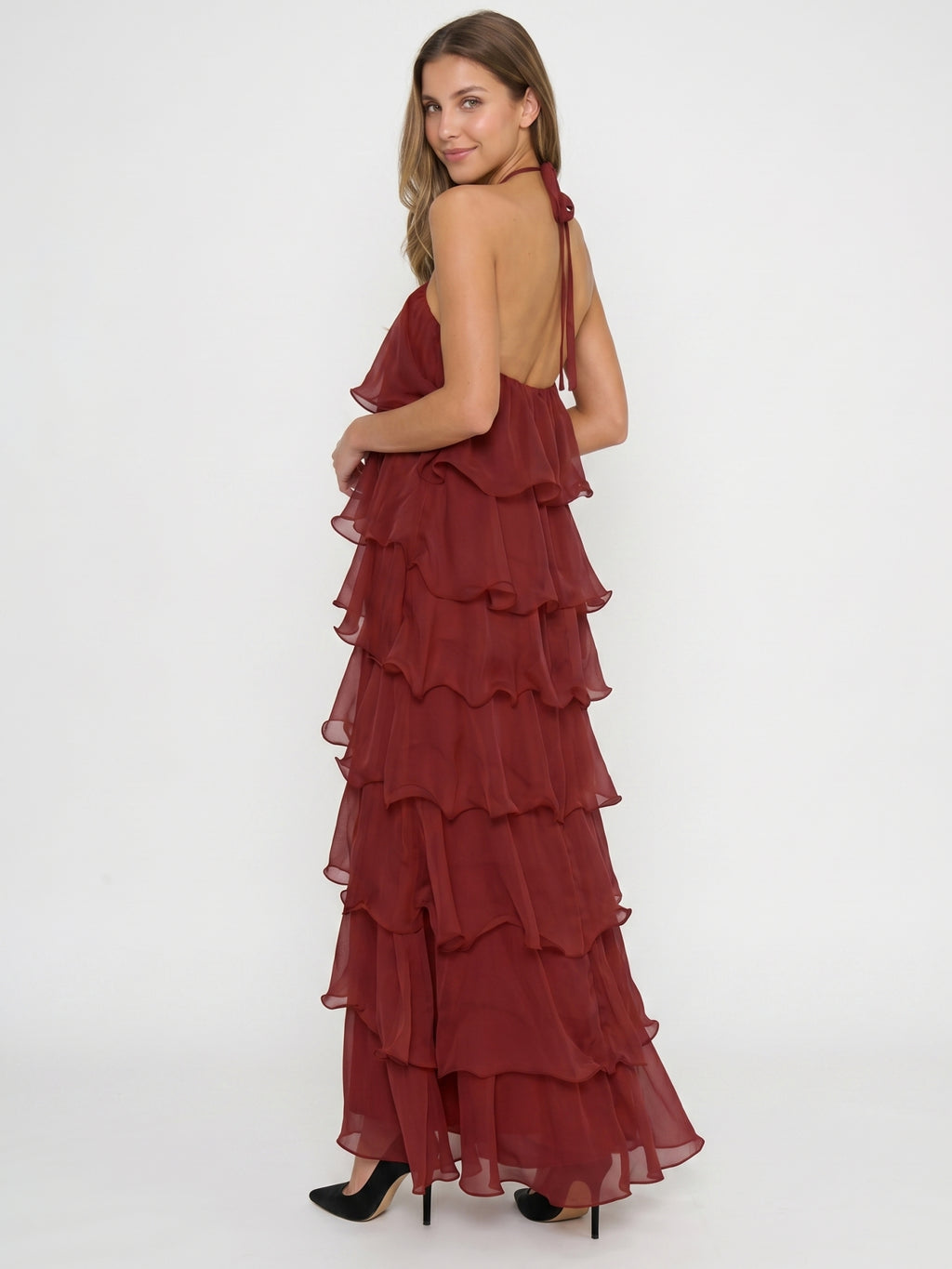 Wine Chiffon A-Line Halter Lace-up Ankle-Length Bridesmaid Dress with Cascading Ruffles