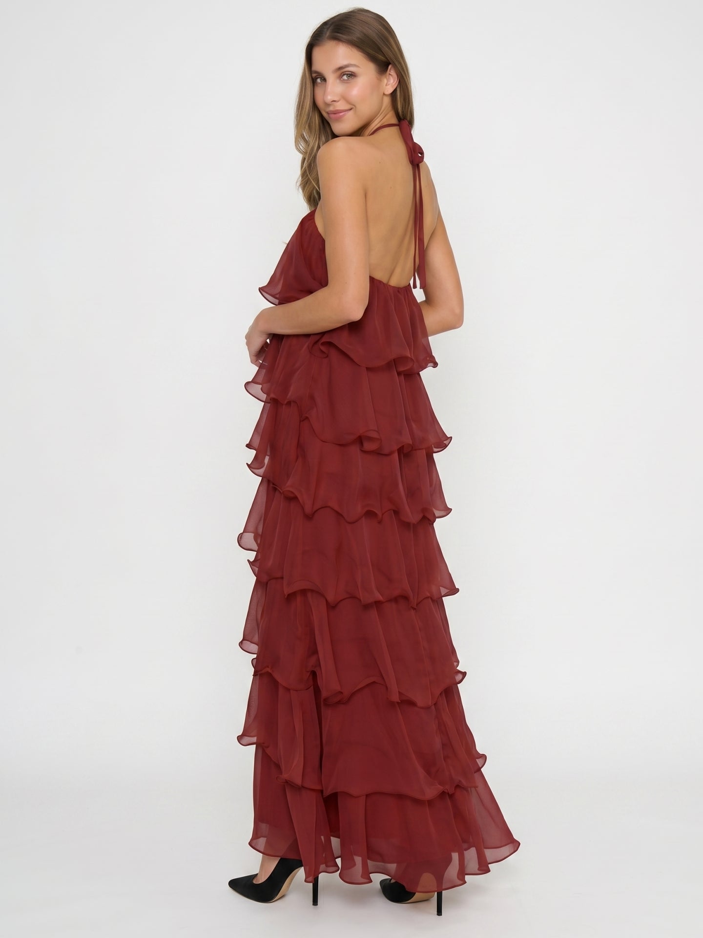 Wine Chiffon A-Line Halter Lace-up Ankle-Length Bridesmaid Dress with Cascading Ruffles