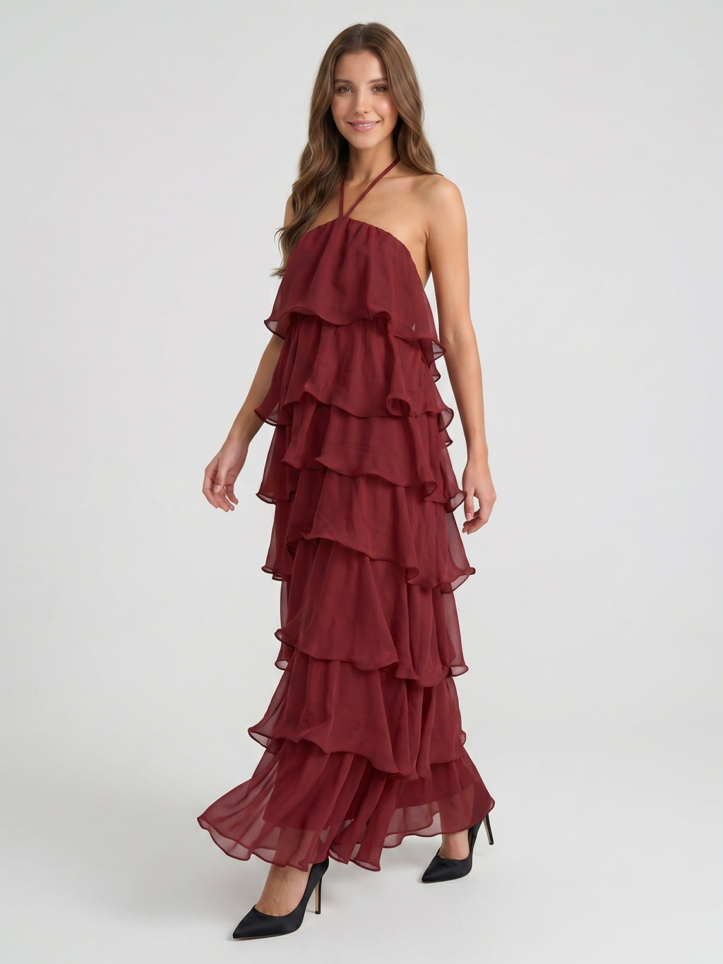 Wine Chiffon A-Line Halter Lace-up Ankle-Length Bridesmaid Dress with Cascading Ruffles
