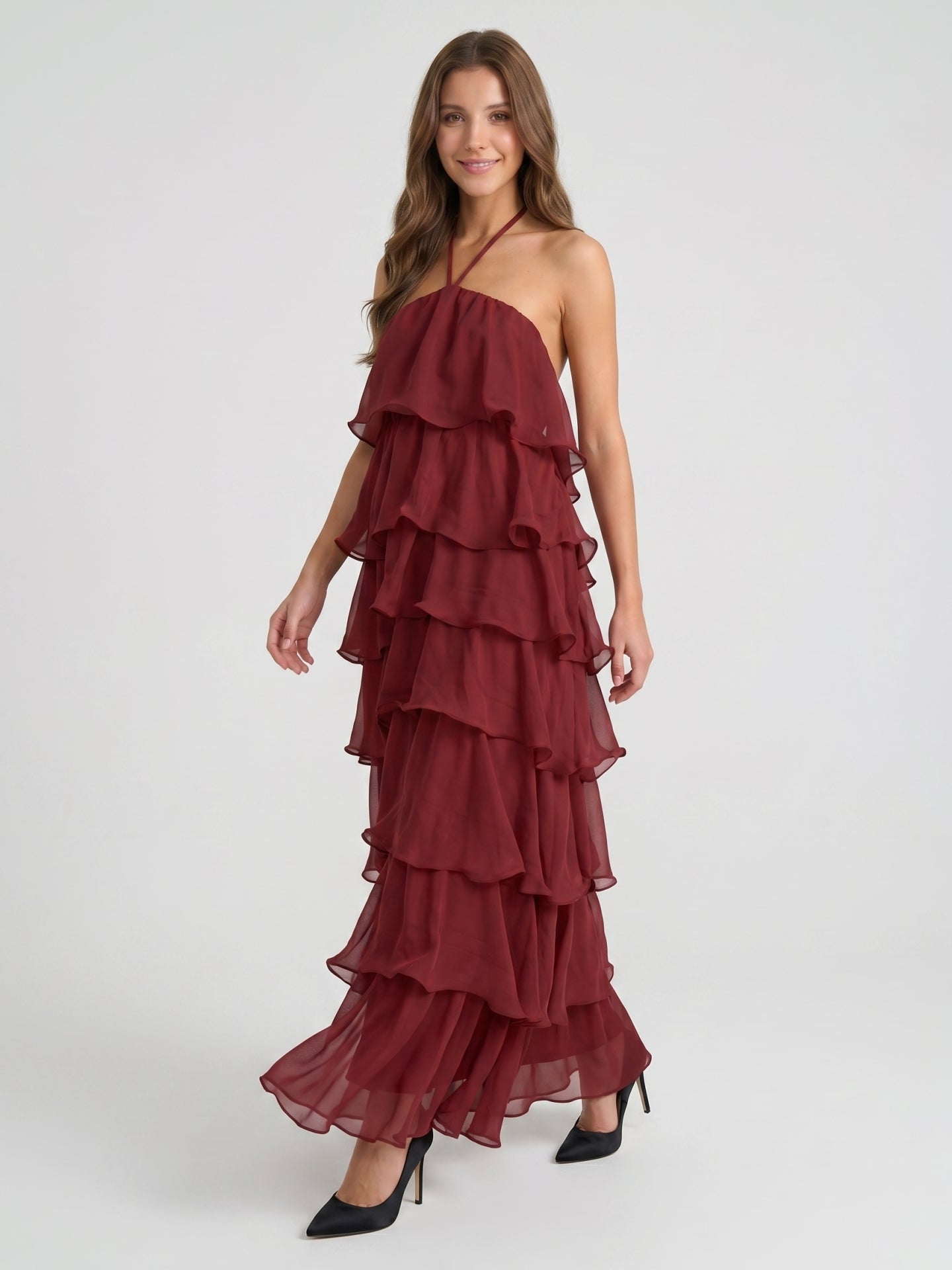 Wine Chiffon A-Line Halter Lace-up Ankle-Length Bridesmaid Dress with Cascading Ruffles