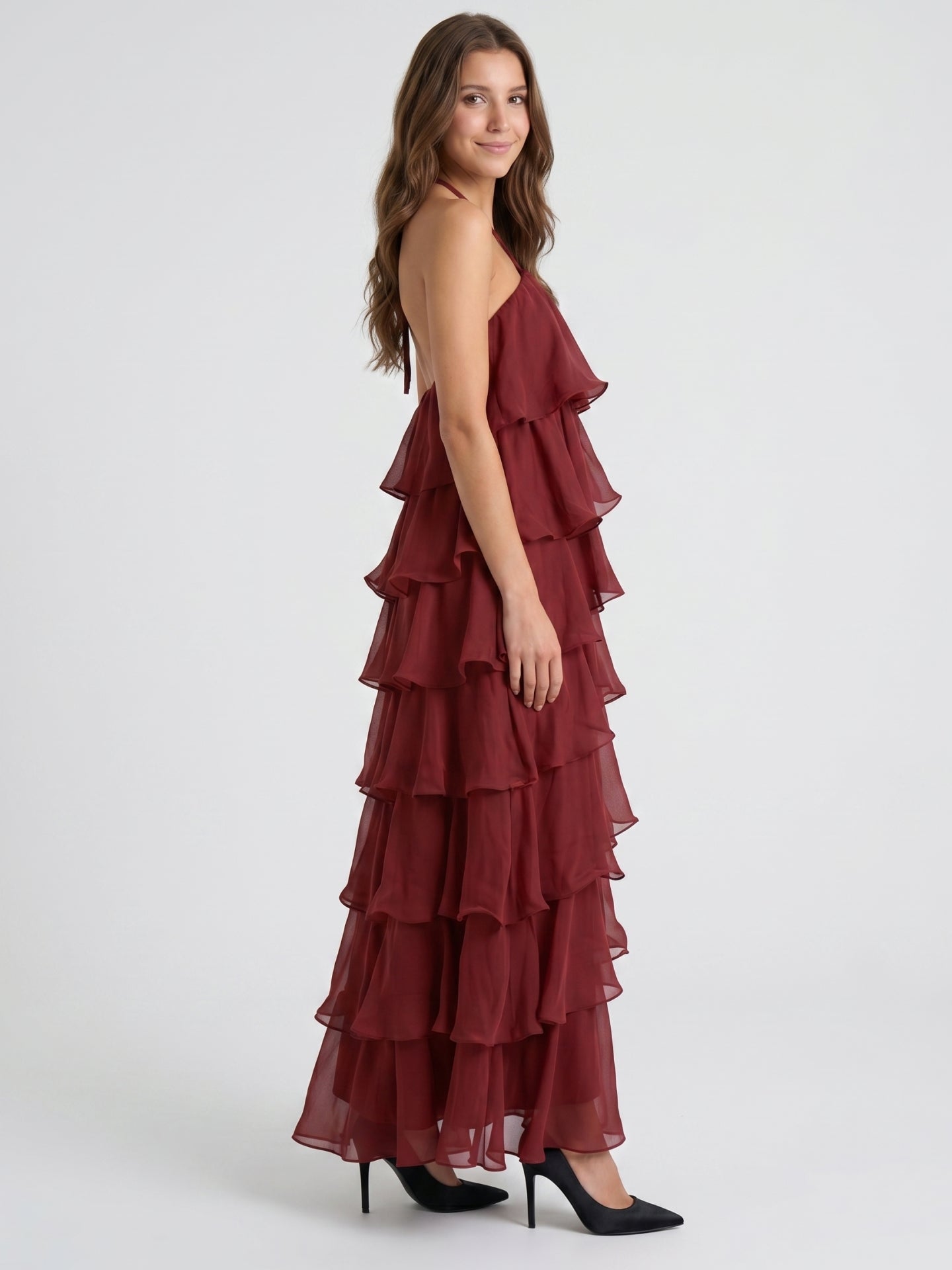 Wine Chiffon A-Line Halter Lace-up Ankle-Length Bridesmaid Dress with Cascading Ruffles