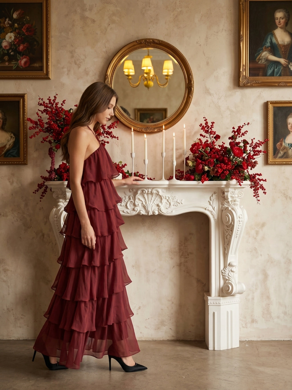 Wine Chiffon A-Line Halter Lace-up Ankle-Length Bridesmaid Dress with Cascading Ruffles