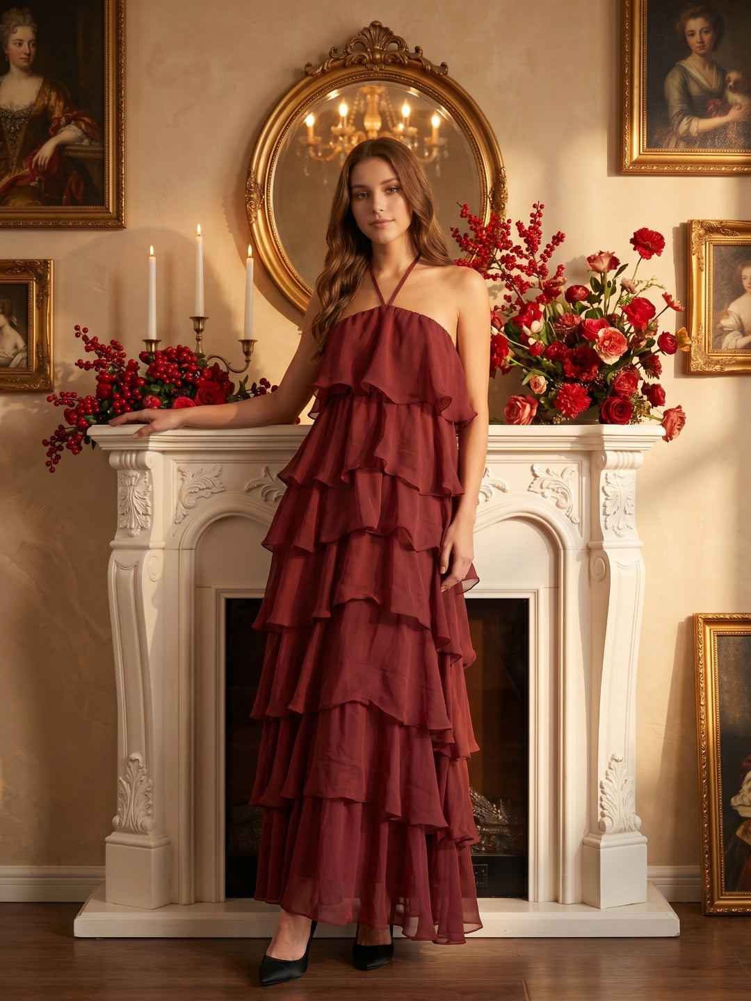 Wine Chiffon A-Line Halter Lace-up Ankle-Length Bridesmaid Dress with Cascading Ruffles