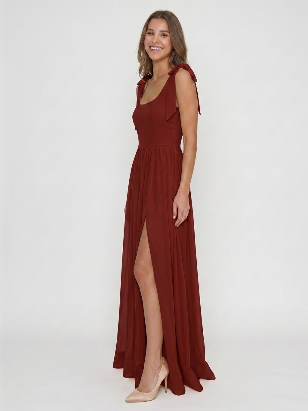 Wine Chiffon A-Line Square Neck Backless Floor-Length Bridesmaid Dress