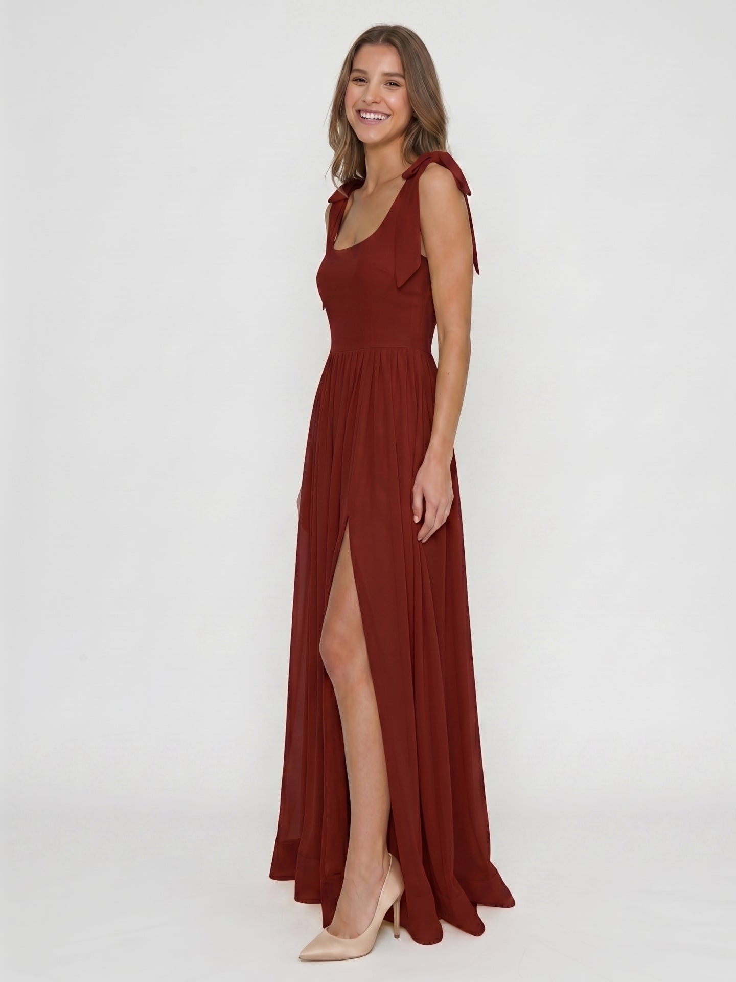 Wine Chiffon A-Line Square Neck Backless Floor-Length Bridesmaid Dress