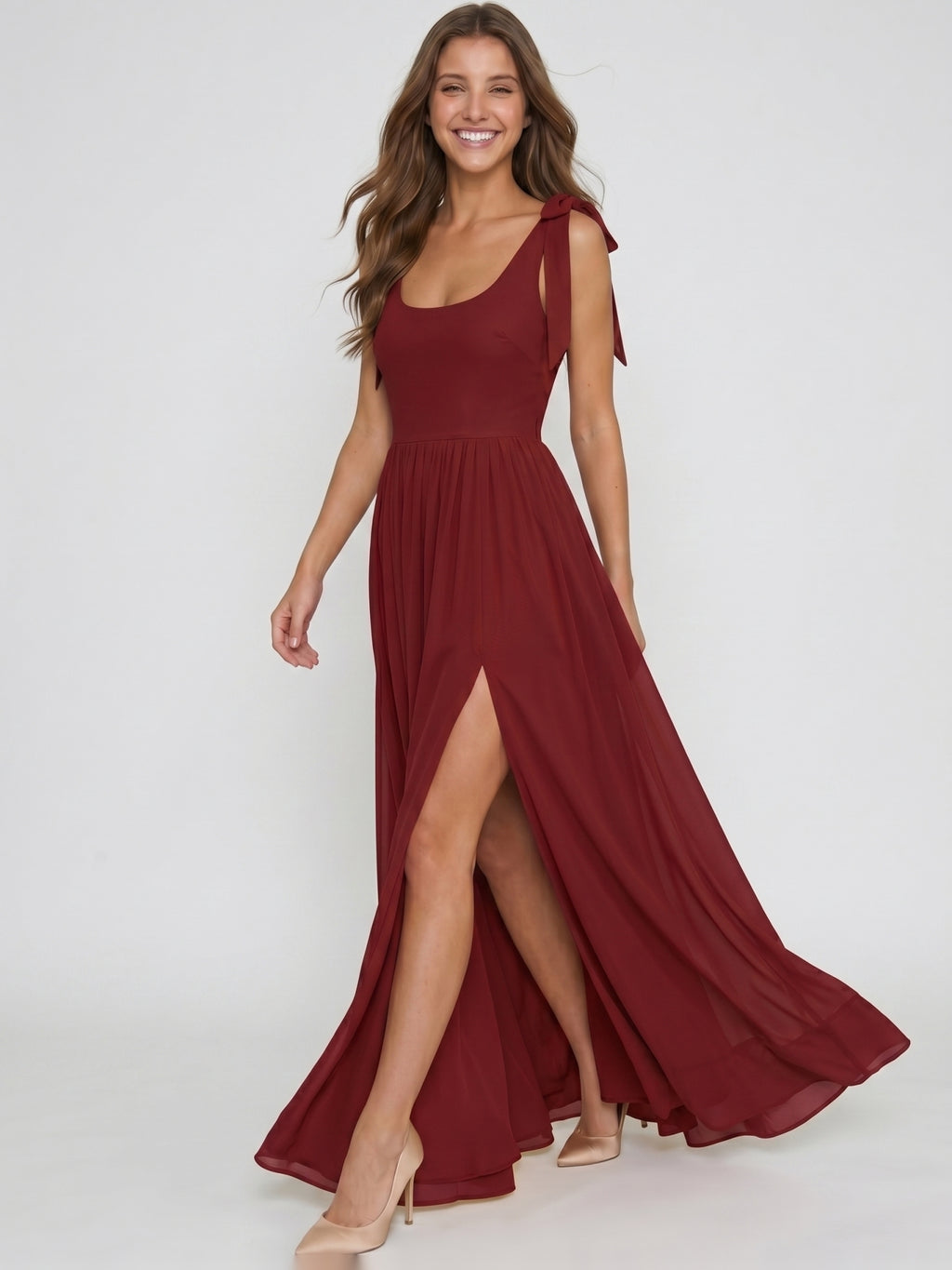 Wine Chiffon A-Line Square Neck Backless Floor-Length Bridesmaid Dress