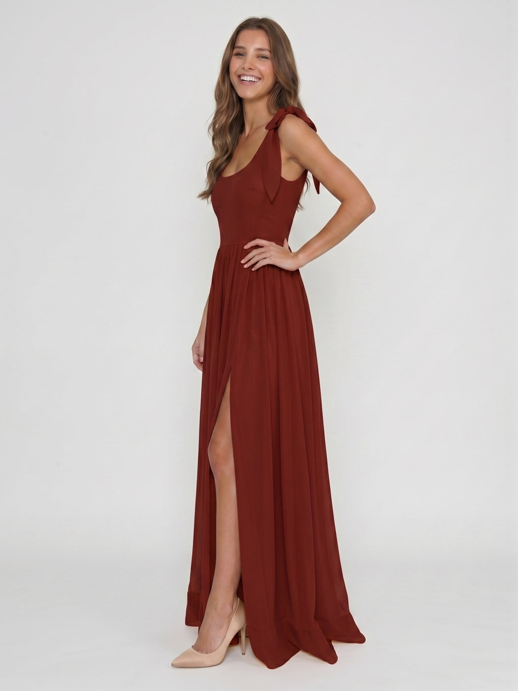 Wine Chiffon A-Line Square Neck Backless Floor-Length Bridesmaid Dress