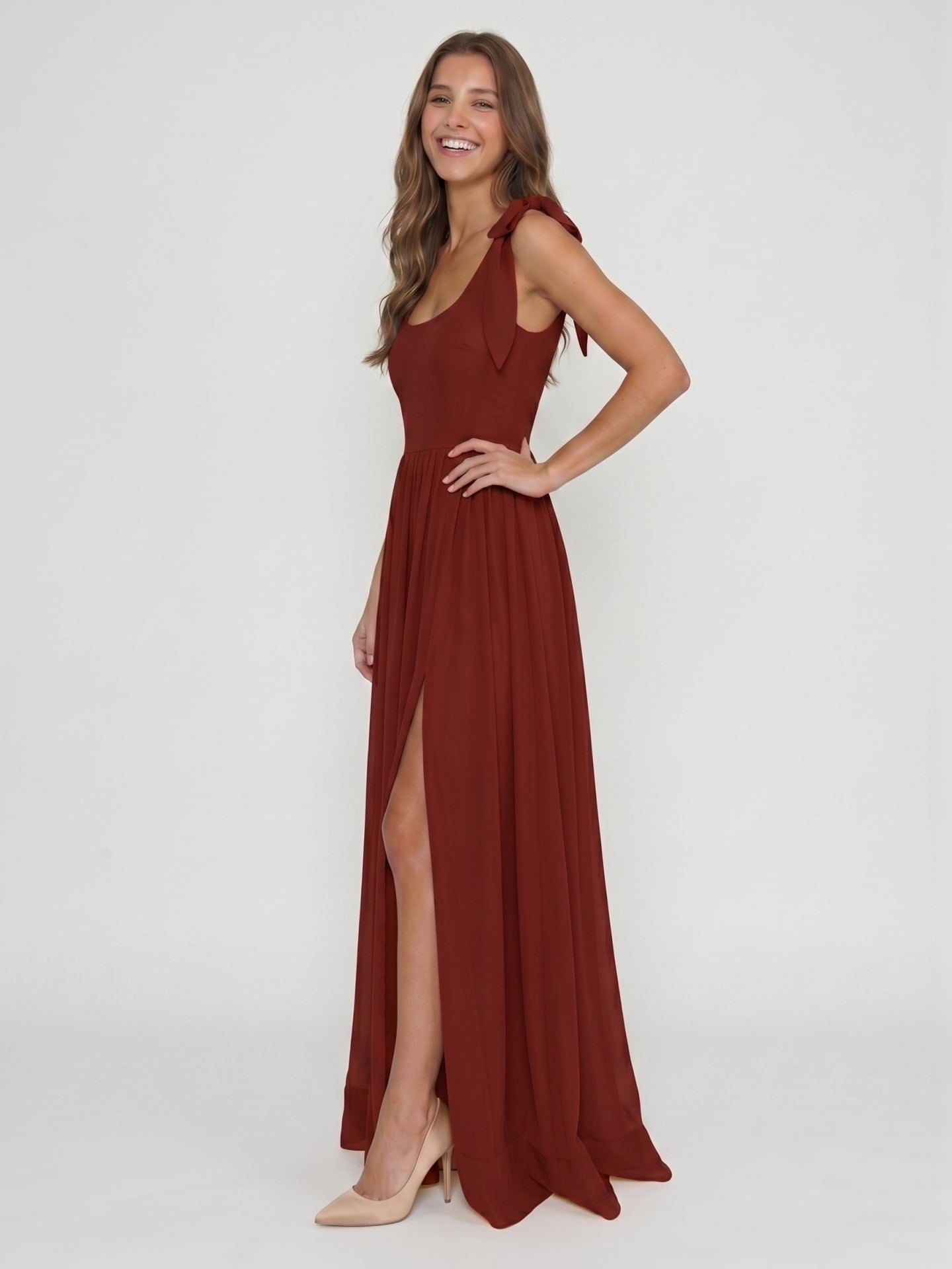 Wine Chiffon A-Line Square Neck Backless Floor-Length Bridesmaid Dress