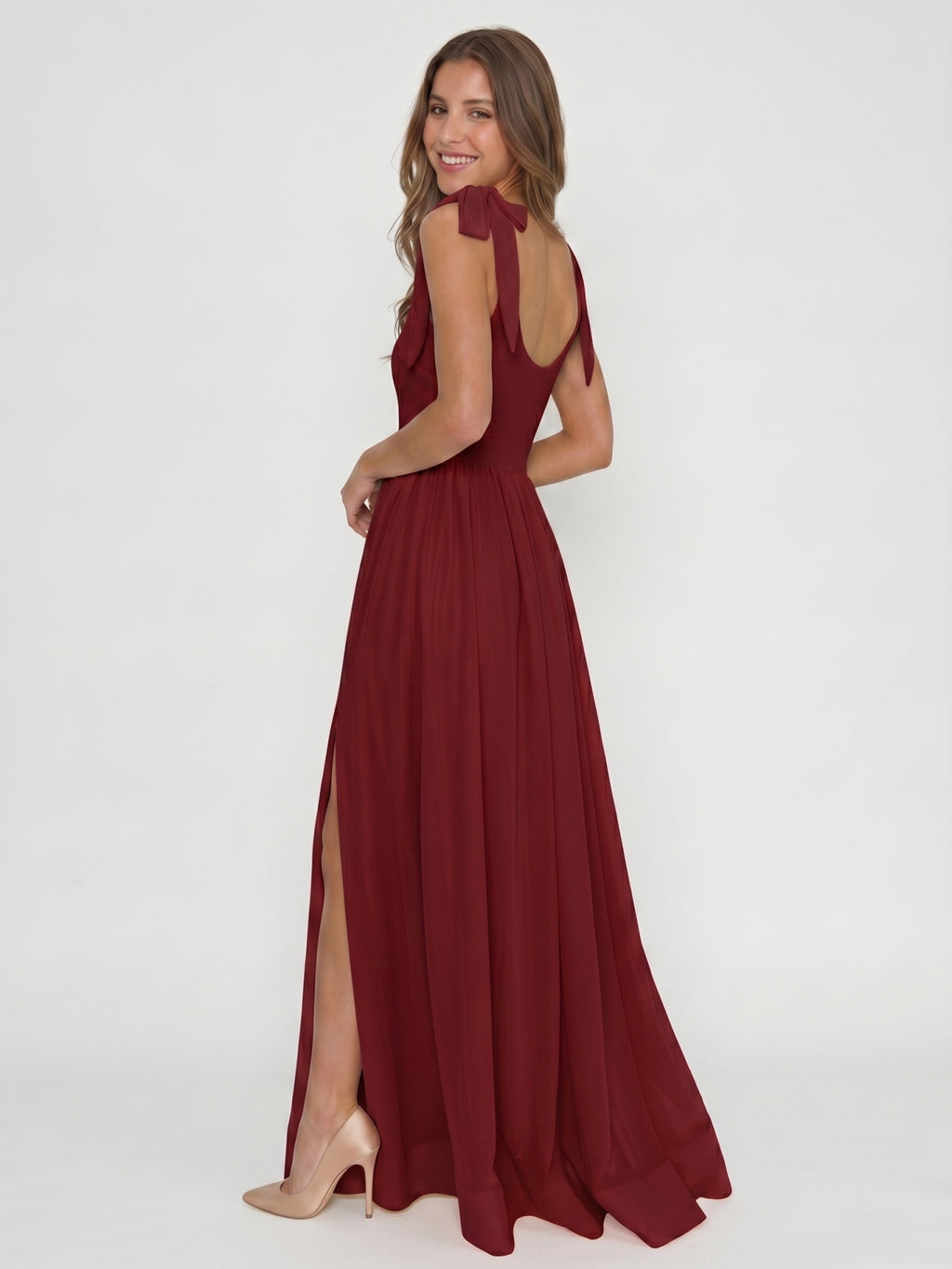 Wine Chiffon A-Line Square Neck Backless Floor-Length Bridesmaid Dress