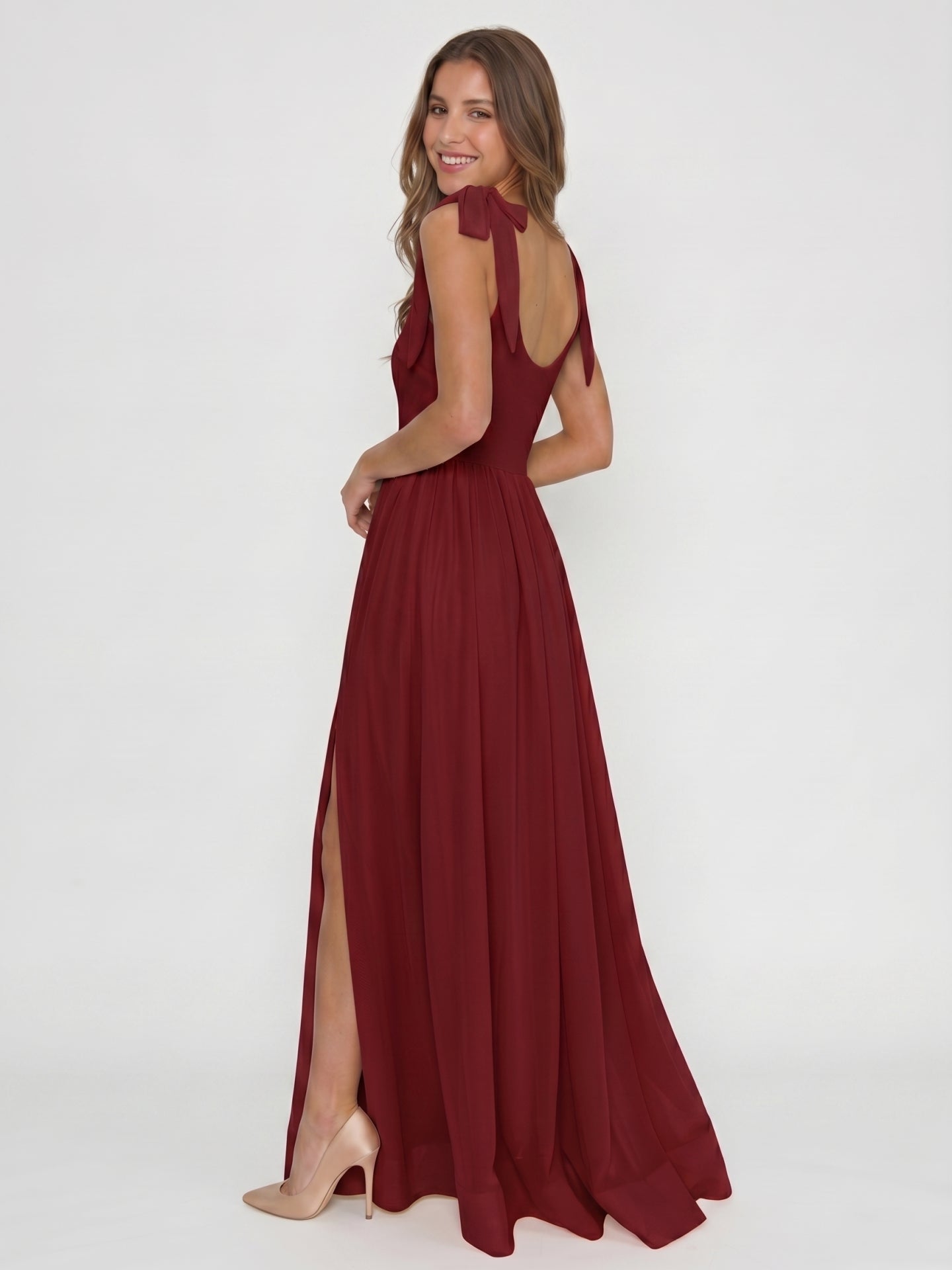 Wine Chiffon A-Line Square Neck Backless Floor-Length Bridesmaid Dress